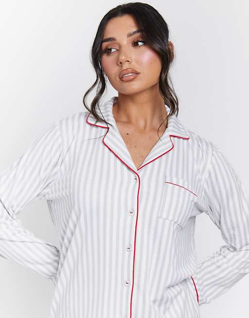 Loungeable Stripe Shirt And Long Pant Pyjamas Set In Grey