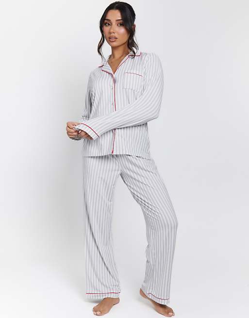 Loungeable stripe shirt and long pant pyjamas set in grey