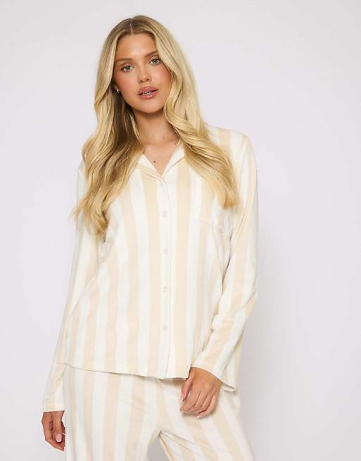 Loungeable Striped Velour Traditional Pyjama Set In Taupe