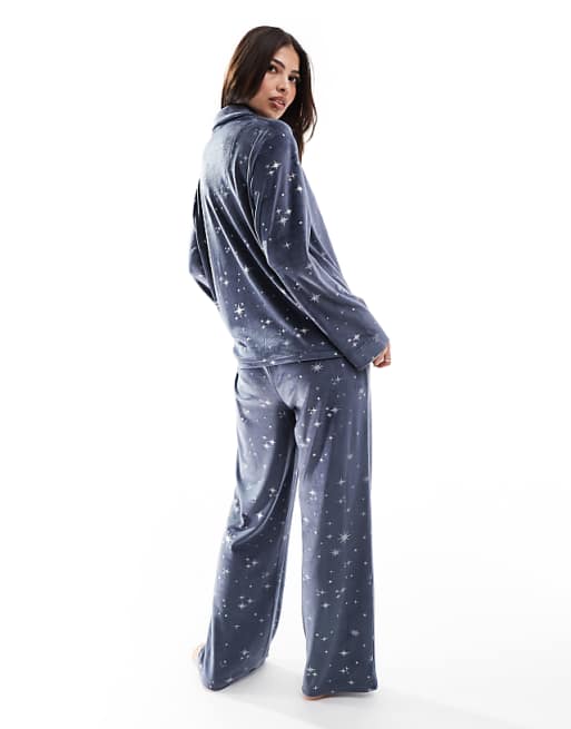 Loungeable Super Soft Velour Star Foil Print Buttoned Pyjamas In Navy