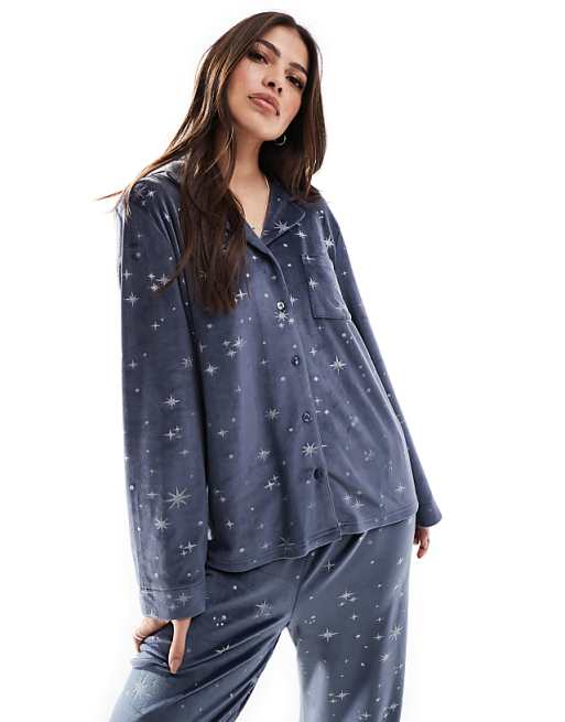 Loungeable Super Soft Velour Star Foil Print Buttoned Pyjamas In Navy