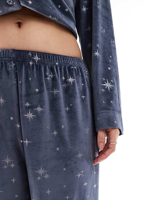 Loungeable Super Soft Velour Star Foil Print Buttoned Pyjamas In Navy