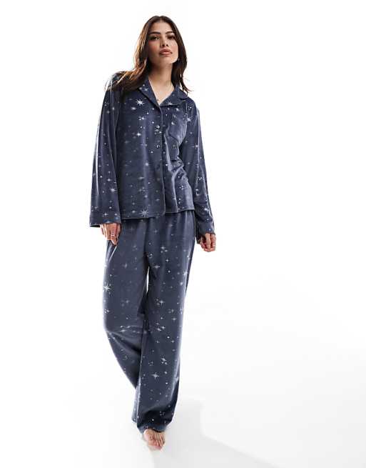 Loungeable Super soft velour star foil print buttoned pyjamas in navy