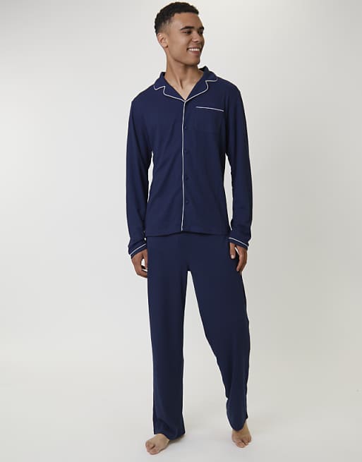 Loungeable Traditional Waffle Pyjamas In Navy