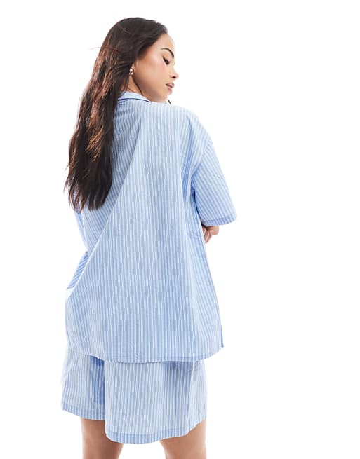 Loungeable Woven Traditional Short Sleeved Short Set In Blue