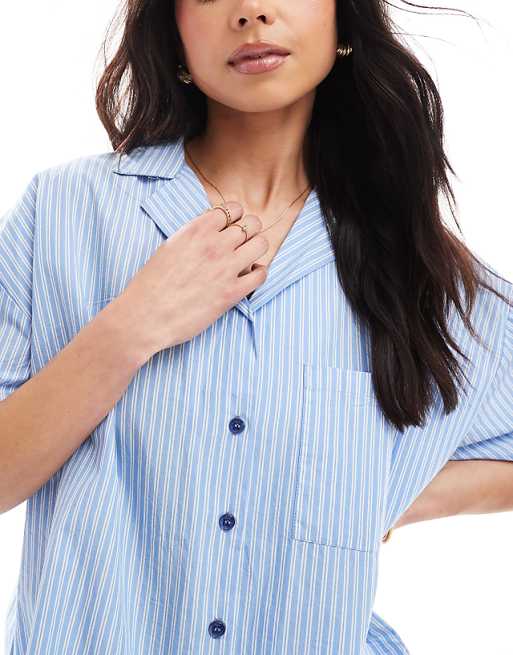Loungeable Woven Traditional Short Sleeved Short Set In Blue