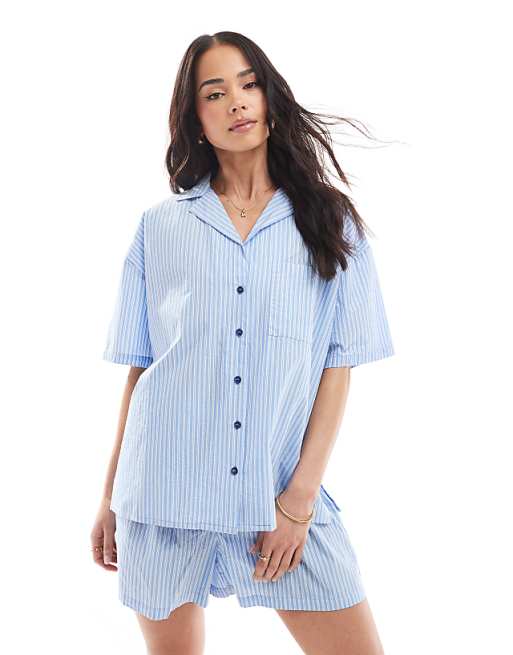 Loungeable Woven traditional short sleeved short set in blue