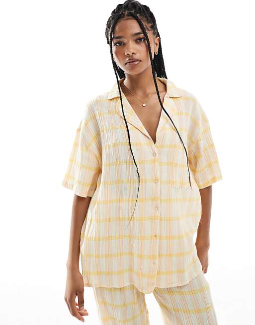 Loungeable Woven Traditional Short Sleeved Trouser Set In Yellow