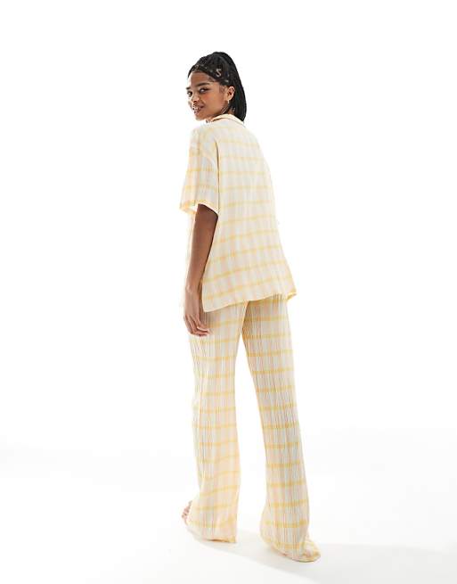 Loungeable Woven Traditional Short Sleeved Trouser Set In Yellow
