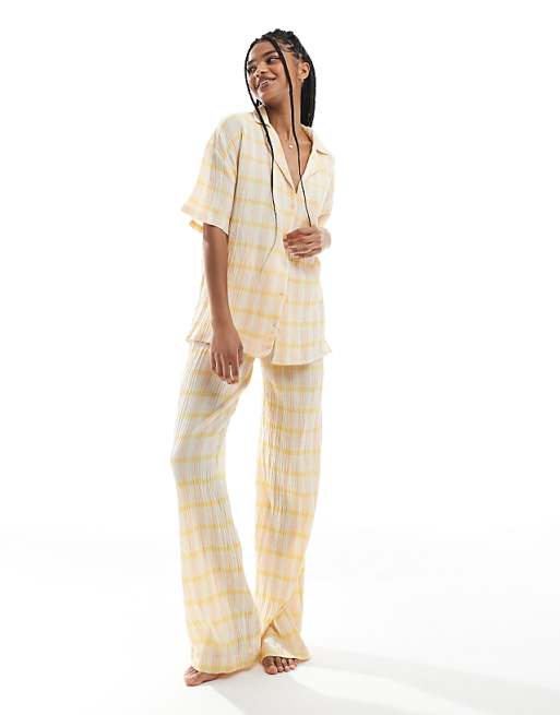 Loungeable Woven traditional short sleeved trouser set in yellow