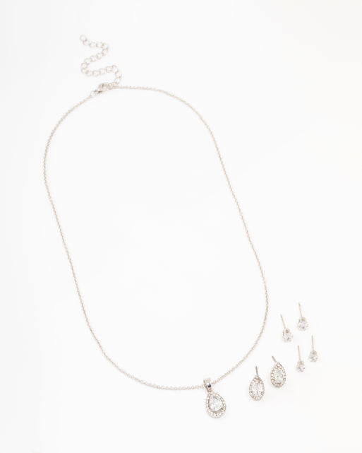 Lovisa Diamond Simulant Pear Drop Earrings Necklace Set In Silver