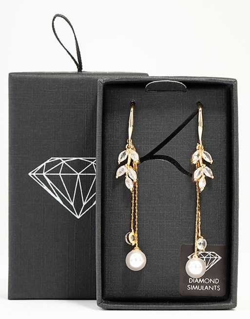 Lovisa Gold cubic zirconia leaf & pearl drop earrings in gold