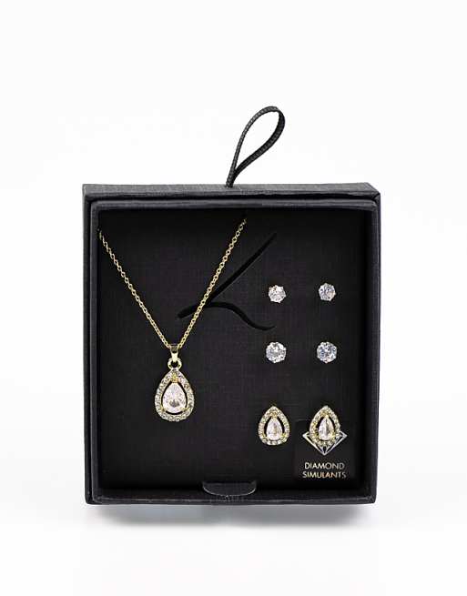 Lovisa Gold diamond simulant diamante & pearl necklace & earrings set in gold