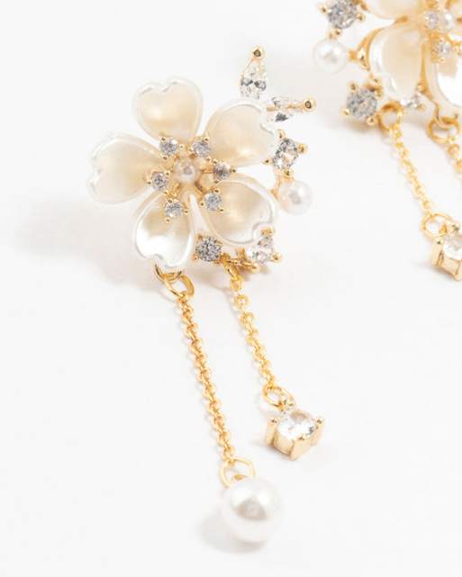 Lovisa Gold Plated Acrylic Flower Pearl Drop Earrings In Gold