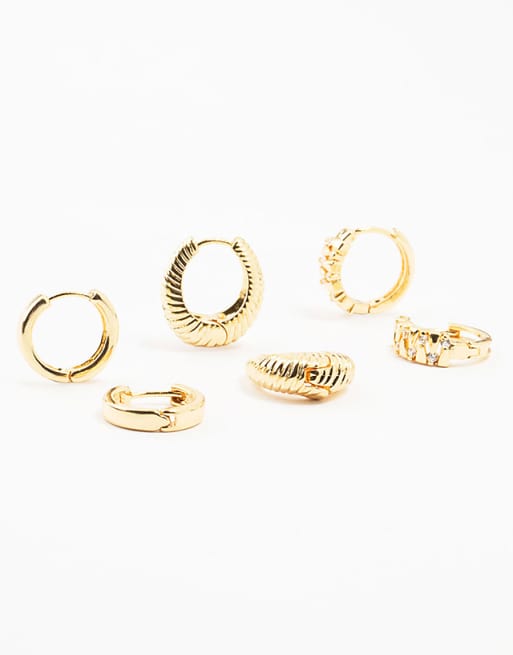 Lovisa Gold plated brass textured teardrop hoops 3-pack in gold