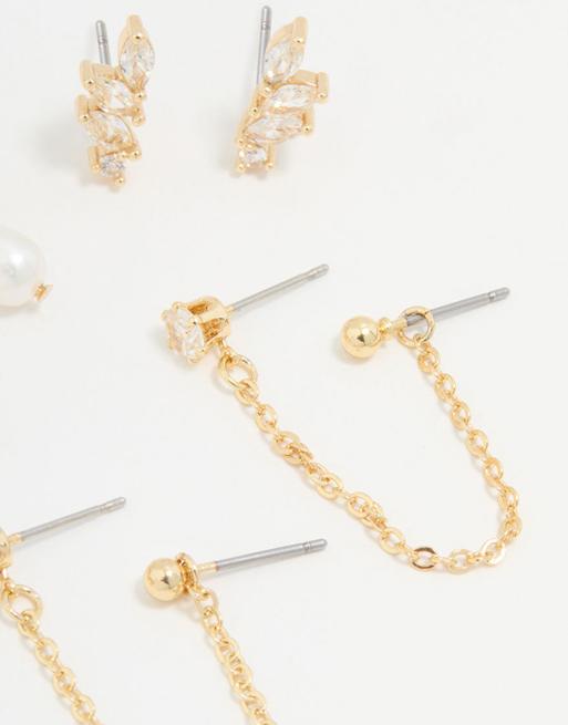 Lovisa Gold Plated Cubic Zirconia Marquise Freshwater Pearl Earrings 3-pack In Gold