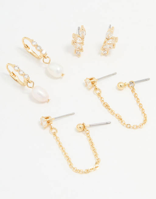 Lovisa Gold plated cubic zirconia marquise freshwater pearl earrings 3-pack in gold