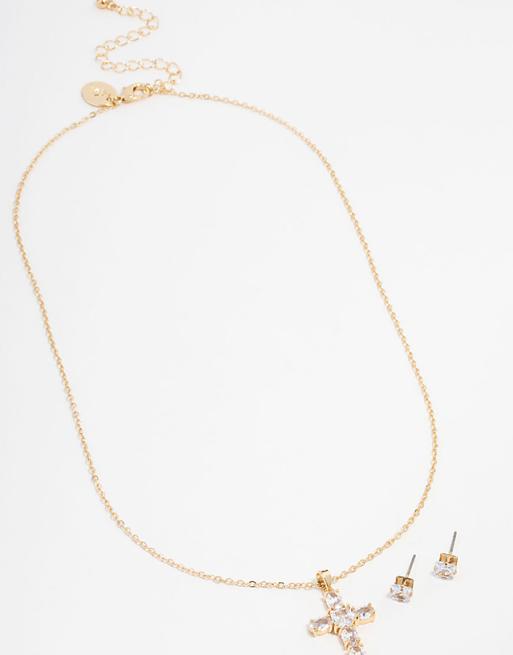 Lovisa Gold plated cubic zirconia square cross necklace & stud earrings set in gold