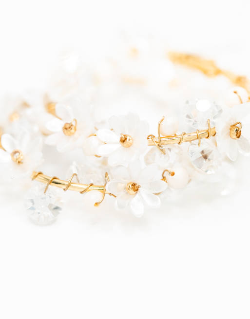 Lovisa Gold Plated Freshwater Pearl Diamante Flower Hoop Earrings In Gold