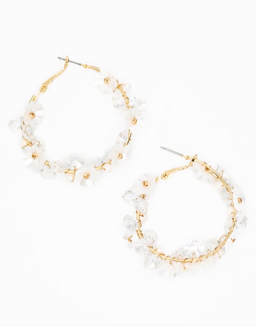Lovisa Gold plated freshwater pearl diamante flower hoop earrings in gold
