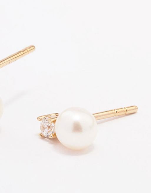 Lovisa Gold Plated Sterling Silver Cubic Zirconia & Freshwater Pearl Stud Earrings In Multicolor