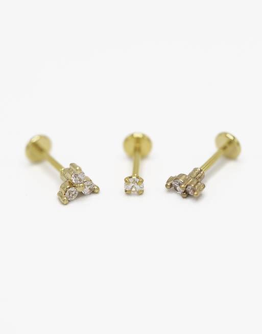Lovisa Gold plated surgical steel cubic zirconia round flat back studs 3-pack in gold