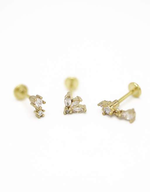 Lovisa Gold plated surgical steel cubic zirconia triangular flat back studs pack in gold