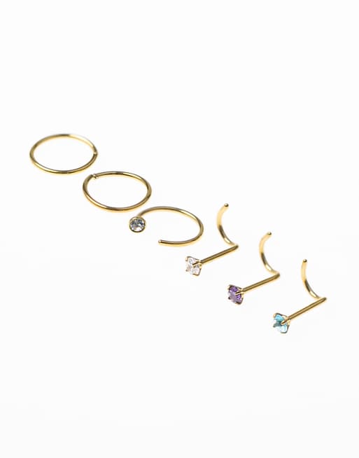 Lovisa gold plated surgical steel pastel diamante nose stud 6-pack in gold
