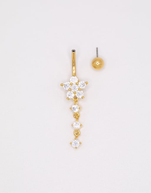 Lovisa Gold Plated Titanium Cubic Zirconia Flower Belly Bar In Gold