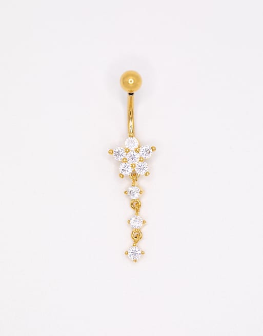 Lovisa Gold plated titanium cubic zirconia flower belly bar in gold