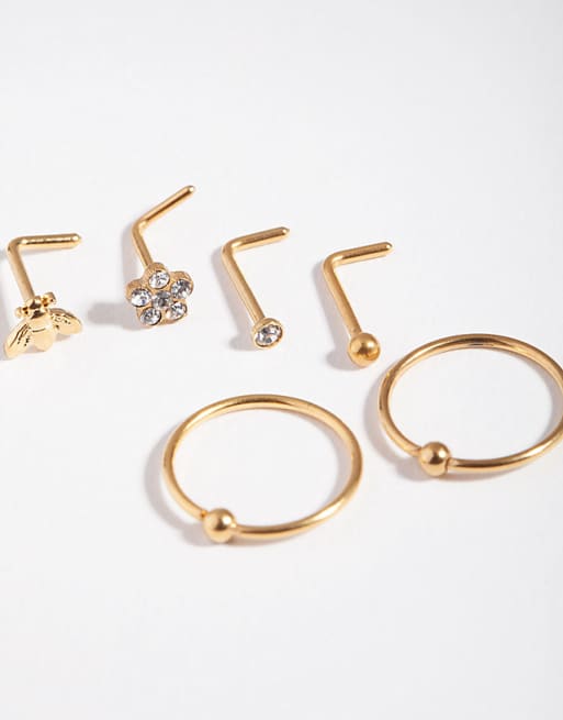 Lovisa Lovisa gold surgical steel flower & bee nose stud 6-pack in gold