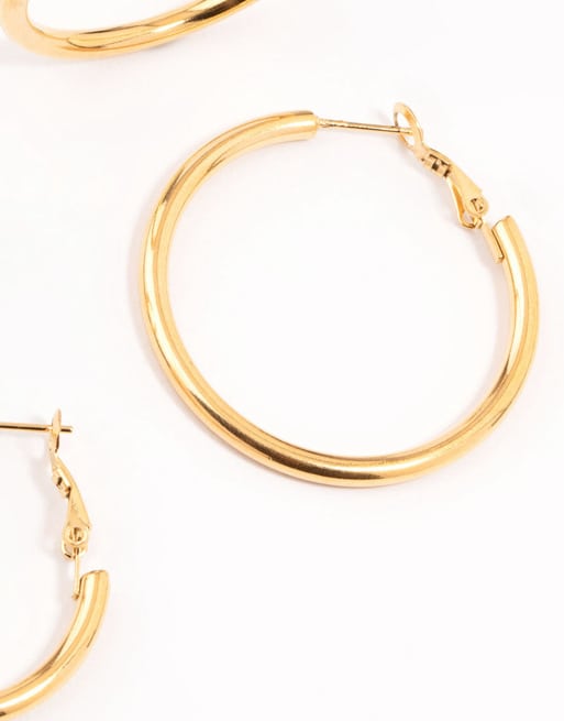 Lovisa Lovisa Waterproof Gold Plated Stainless Steel Large Basic Hoop Earrings 3-pack In Gold