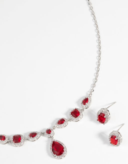 Lovisa Ruby Diamond Simulant Oval Necklace & Earrings Set In Silver