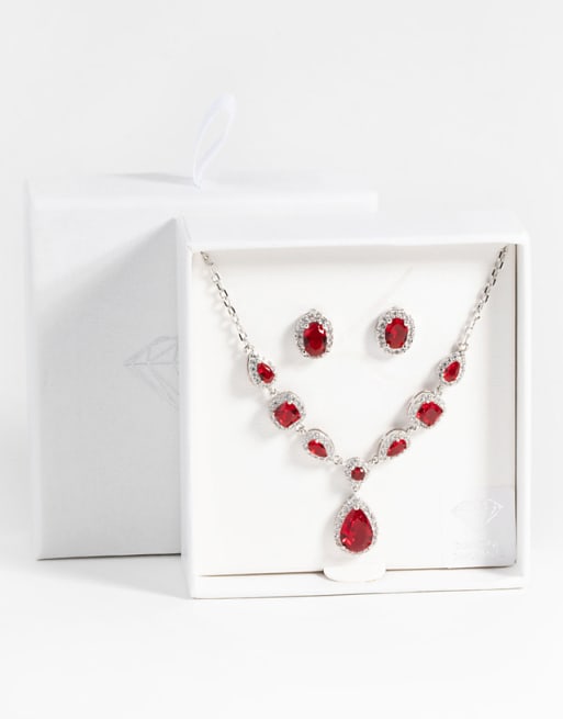 Lovisa Ruby diamond simulant oval necklace & earrings set in silver