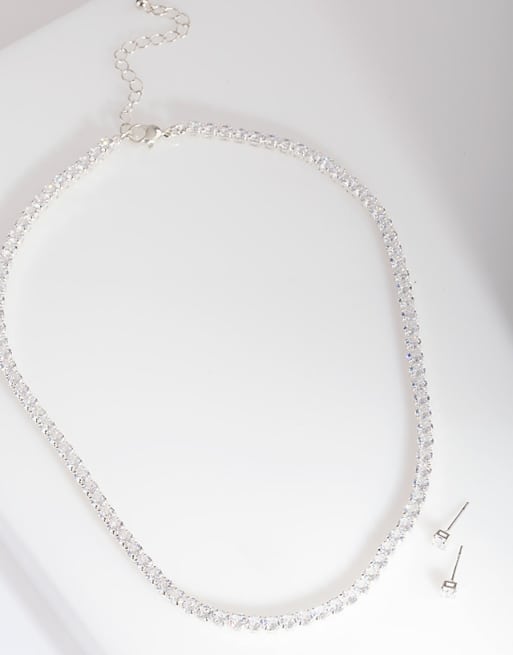 Lovisa Silver cubic zirconia earrings & tennis necklace set in silver