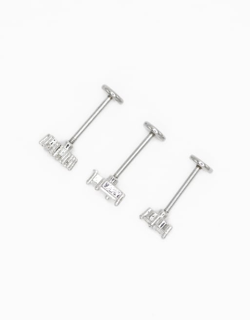 Lovisa Surgical Steel Cubic Zirconia Double Baguette Flat Back Studs 3-pack In Silver