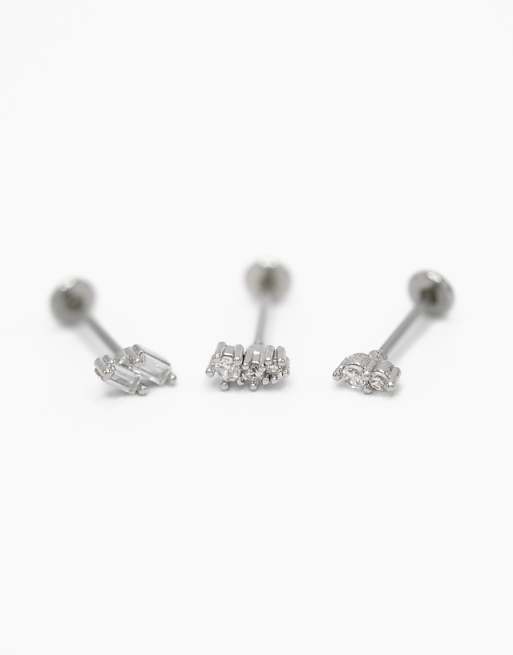 Lovisa Surgical steel cubic zirconia double baguette flat back studs 3-pack in silver