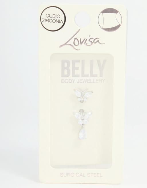 Lovisa Surgical steel cubic zircornia double drop belly bar in silver