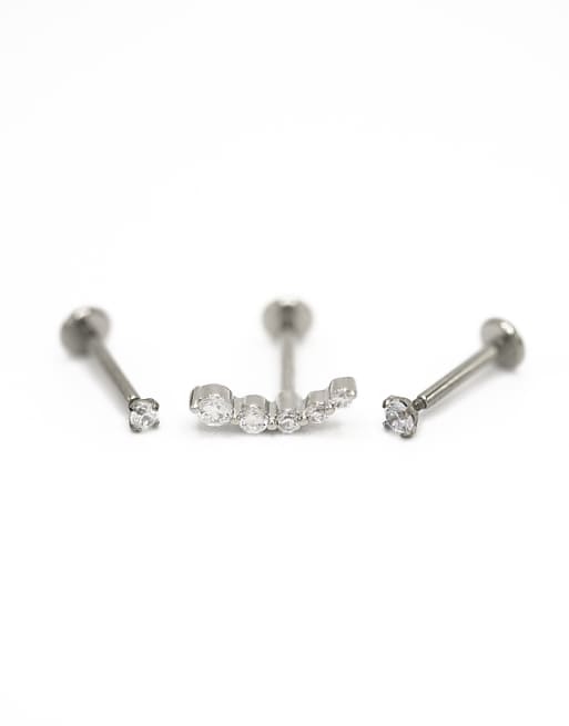 Lovisa Titanium cubic zirconia & ball flat back studs 3-pack in silver