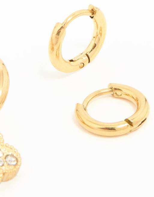 Lovisa Waterproof Gold Plated Stainless Steel Cubic Zirconia Flower Hoop Earrings 3-pack In Gold