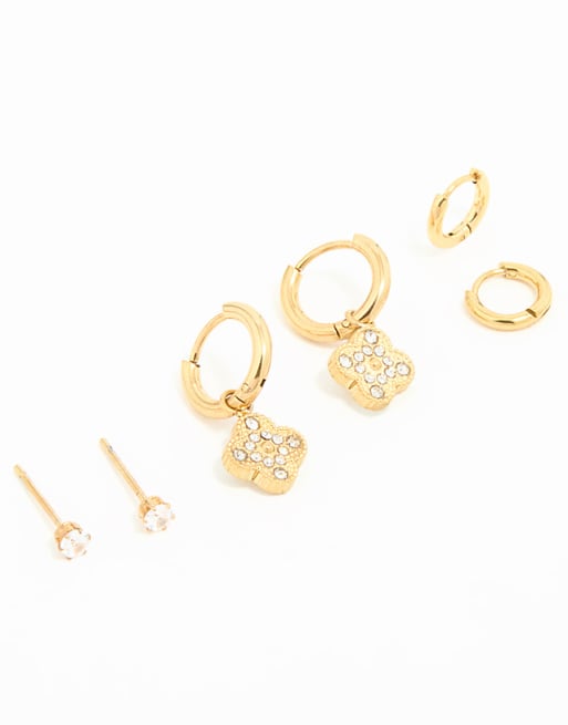 Lovisa Waterproof gold plated stainless steel cubic zirconia flower hoop earrings 3-pack in gold