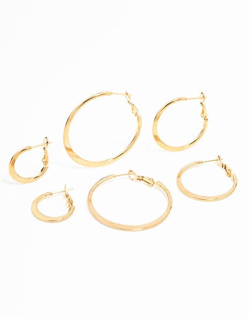 Lovisa Waterproof gold plated stainless steel thin hoop earrings 3-pack in gold