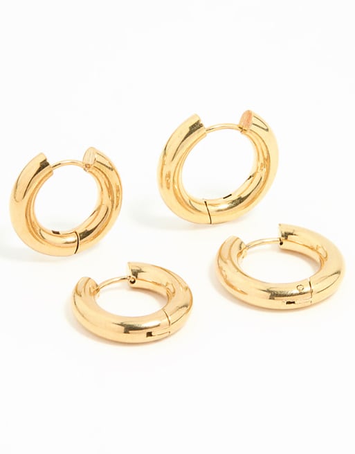 Lovisa Waterproof gold plated stainless steel tube hoop earrings 2 pack in gold