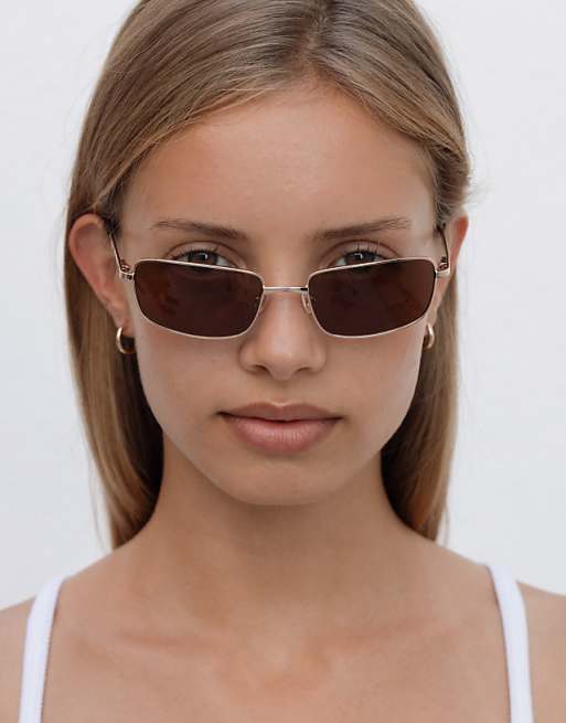 Lu Goldie Yuki Rectangle Metal Frame Sunglasses In Coffee