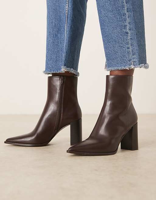 Mango faux leather pointed heeled ankle boot in brown