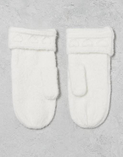 Miss Selfridge Embroidered Heart Knitted Mitten In Cream