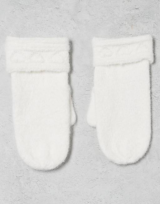 Miss Selfridge embroidered heart knitted mitten in cream