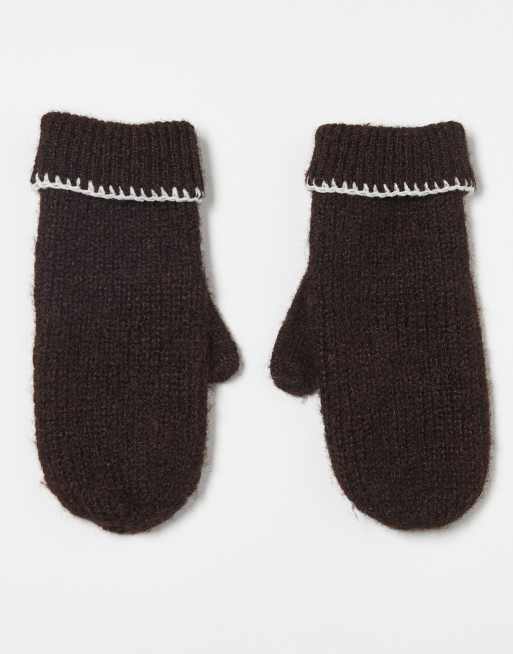 Miss Selfridge Mittens With Blanket Stitch Detail In Chocolate With Cream Stitching