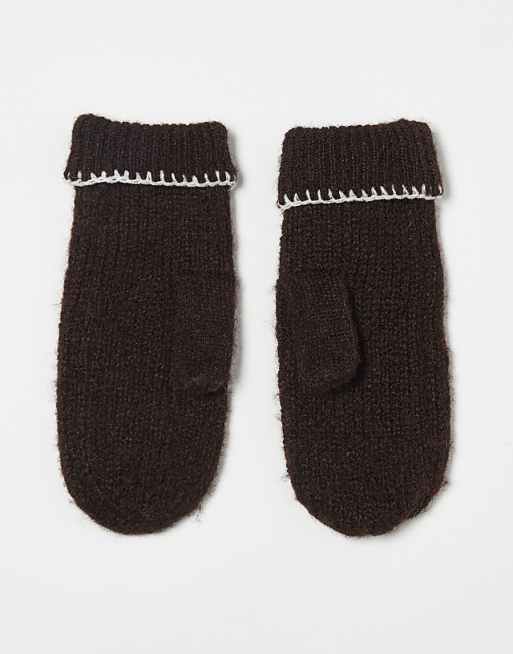 Miss Selfridge mittens with blanket stitch detail in chocolate with cream stitching