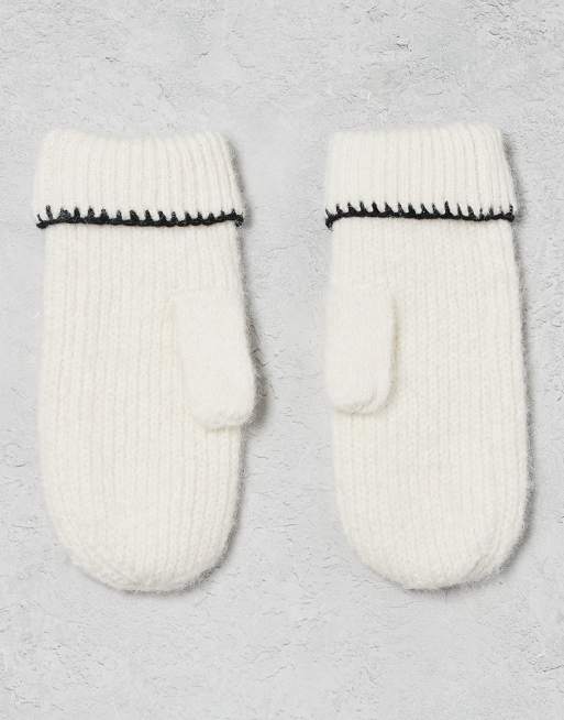 Miss Selfridge Wool Mittens With Blanket Stitch Detail In Cream With Black Stitching